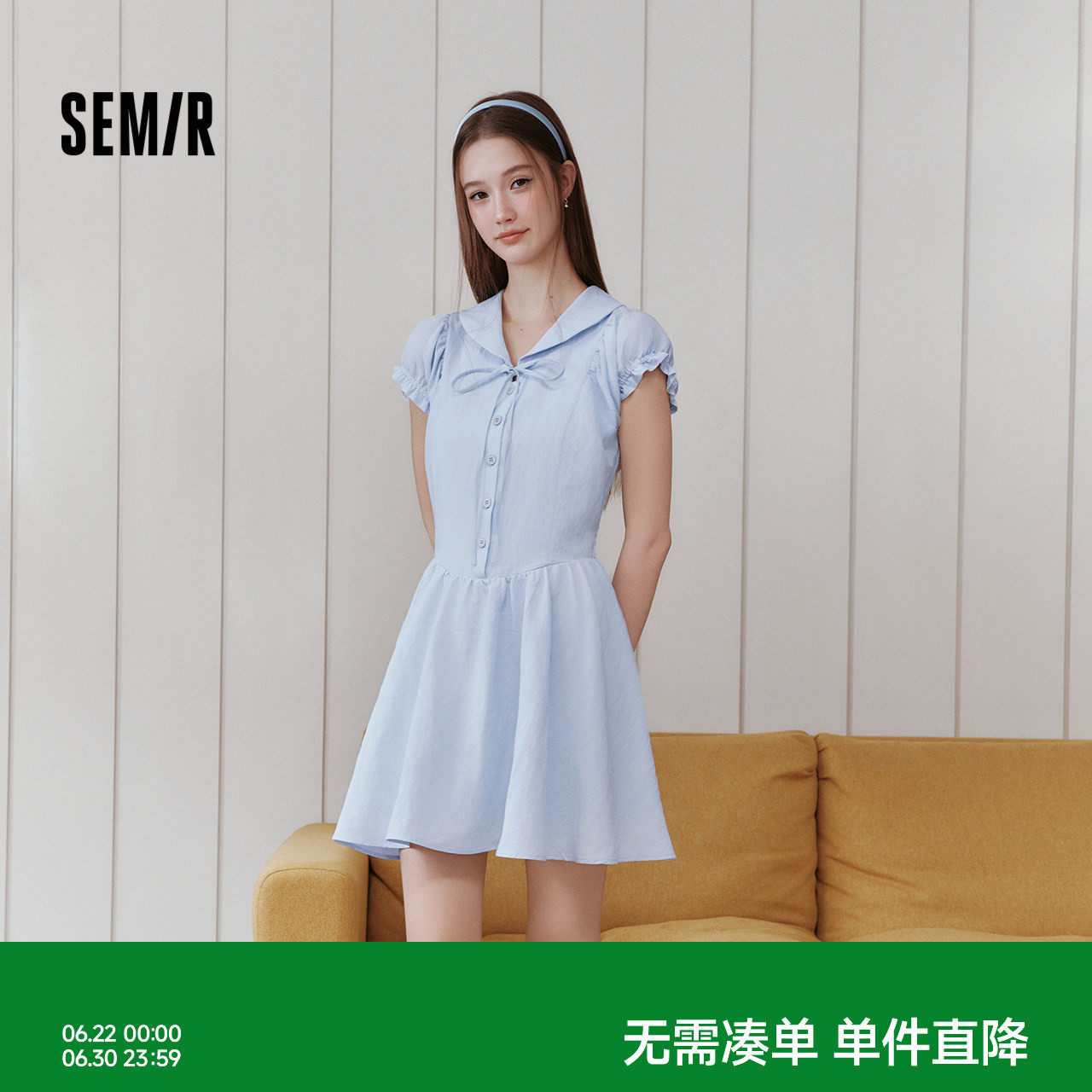森马连衣裙女夏海军领蝴蝶结花边收腰2026新款显瘦甜美盐甜系短裙