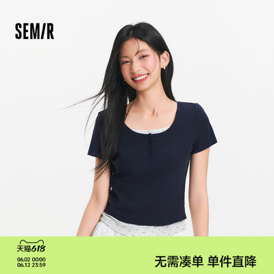 森马碎花假两件短款短袖T恤女