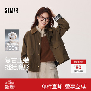 森马外套女巴恩风短外套上衣秋季 拼接灯芯绒翻领夹克格纹复古风