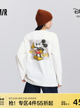森马迪士尼合作系列长袖T恤女春季中长款米奇宽松落肩复古风上衣