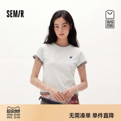 森马撞色假两件修身短袖T恤女