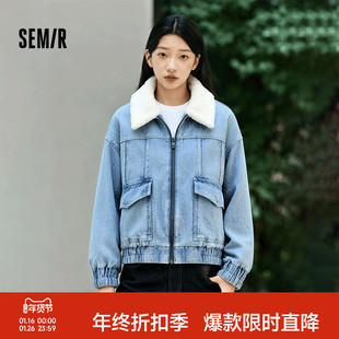 森马牛仔外套女冬季仿羊羔毛翻领夹棉宽松2025新款潮酷工装风夹克