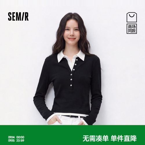 森马显瘦修身假两件撞色POLO衫女
