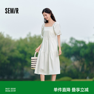 法式 森马连衣裙女方领裙子2024夏季 新款 泡泡袖 娃娃裙甜美可爱女装