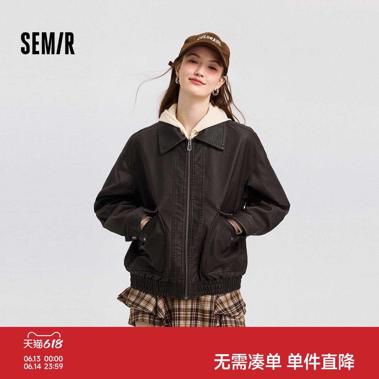 森马宽松翻领PU仿皮夹棉外套女