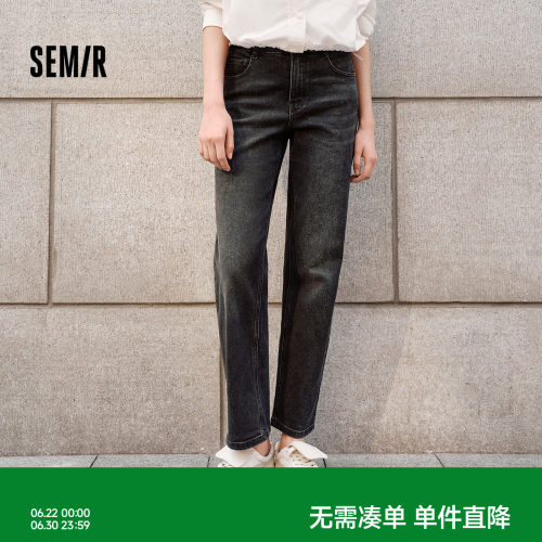 森马复古半松紧腰直筒牛仔裤女