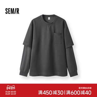 森马长袖T恤男春季华夫格肌理上衣假两件拼接宽松圆领时尚情侣装