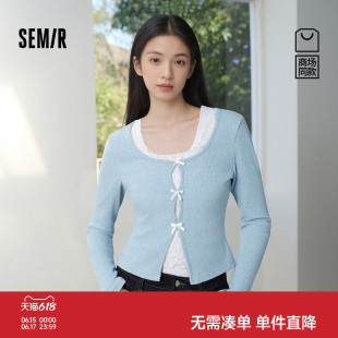 商场同款|森马长袖T恤女春短款蝴蝶结蕾丝修身假两件2026新款上衣