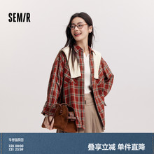 [商场同款]森马长袖衬衫女中长款红色外套春2025新款格纹上衣复古