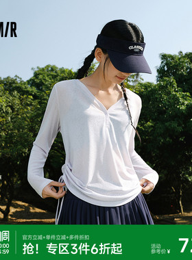 森马长袖T恤女夏季V领纯色仿麻宽松抽绳罩衫2026新款慵懒温柔上衣