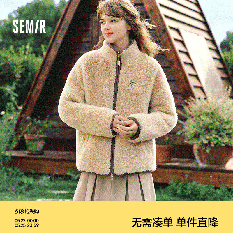 森马外套女插肩袖珊瑚绒仿羊羔毛2025冬季新款立领宽松夹克温柔系