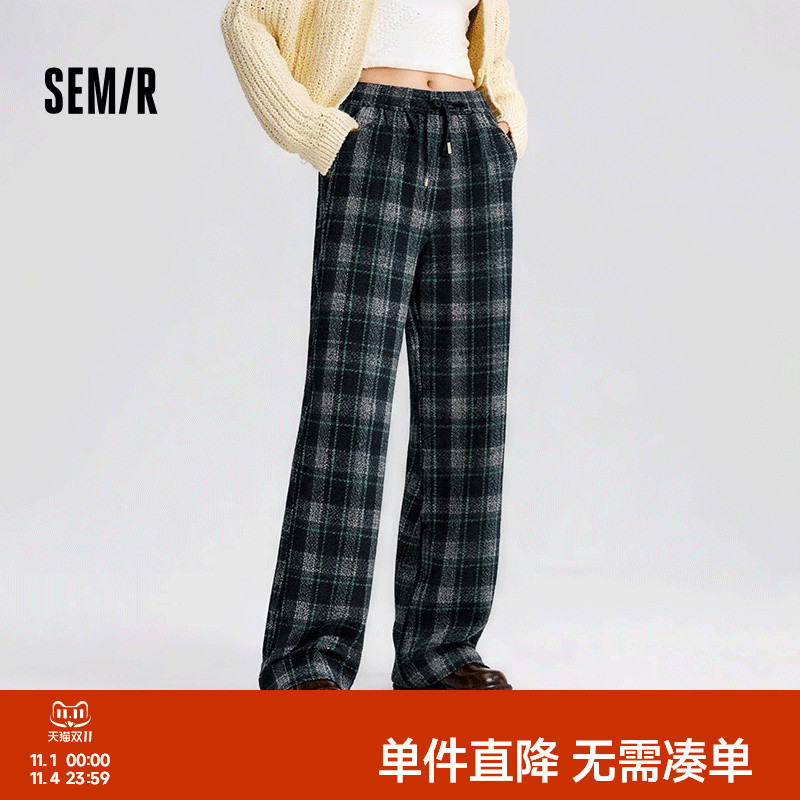 森马休闲裤女冬格子加绒长裤宽松2025新款盐系慵懒裤子复古阔腿裤