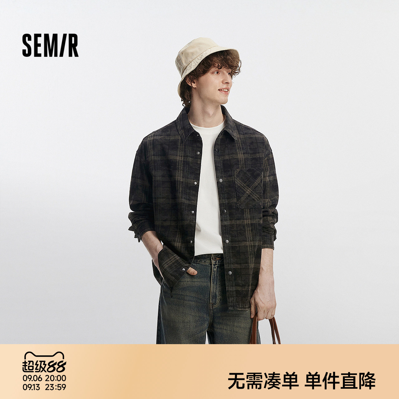 森马复古牛仔宽松翻领长袖衬衫男图片