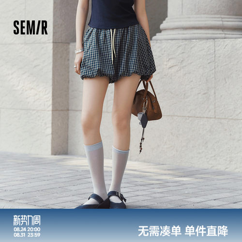 森马复古宽松格子花苞休闲裤女