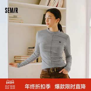 森马长袖T恤女冬半高领小心机分割2025新款刺绣紧身磨毛上衣显瘦