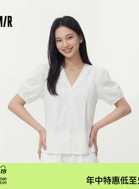 森马短袖衬衫女夏盐缩肌理白色泡泡袖花边V领设计感甜美俏皮衬衣