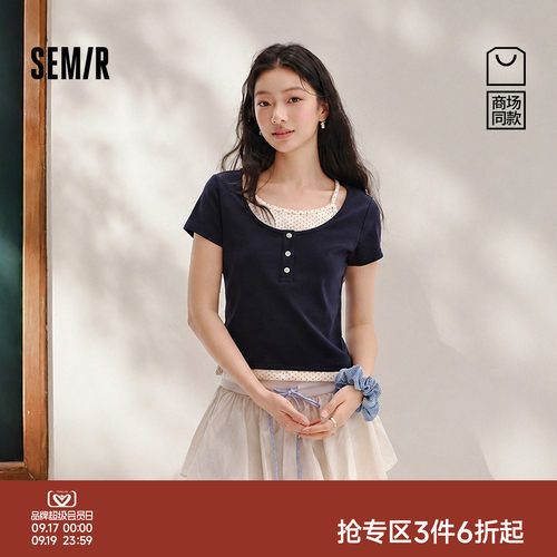森马波点假两件短款短袖T恤女