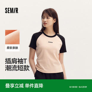 图案修身 森马短袖 复古夏季 T恤女短款 上衣小个子潮 圆领撞色插肩袖