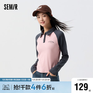 [商场同款]森马POLO衫女短款紧身拼色插肩袖2024春季新款字母上衣