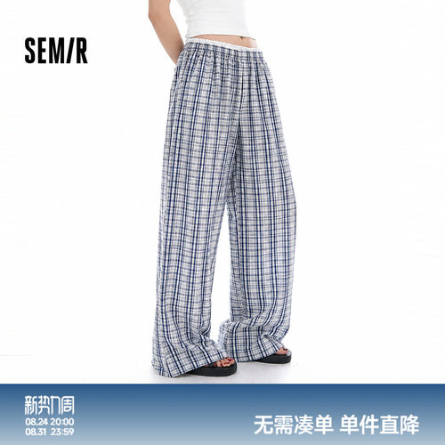 森马盐缩格子花边阔腿休闲裤女