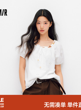 森马短袖衬衫女夏季短款串珠方领泡泡袖白色2026新款法式可爱上衣