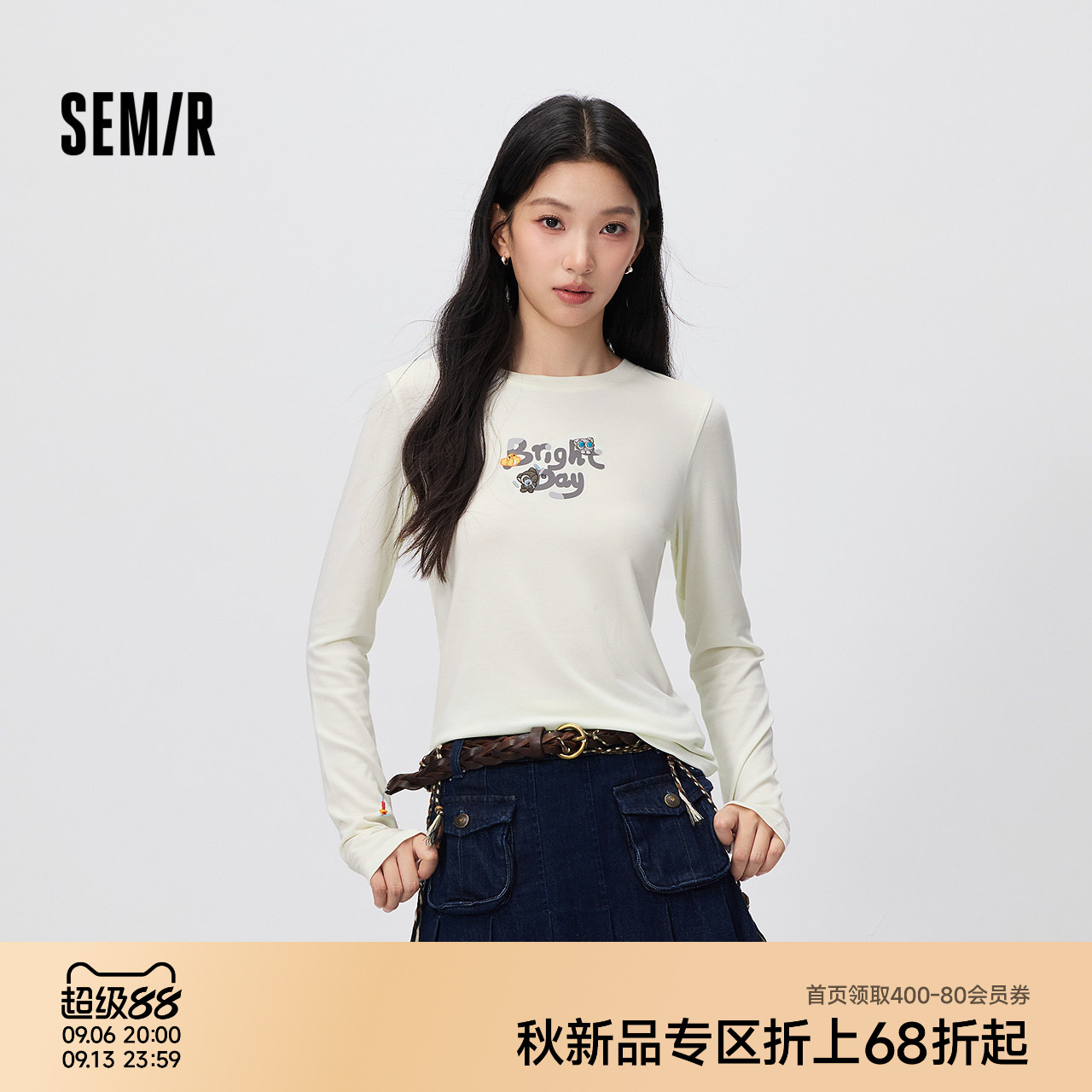 森马罗小黑刺绣正肩长袖T恤女图片