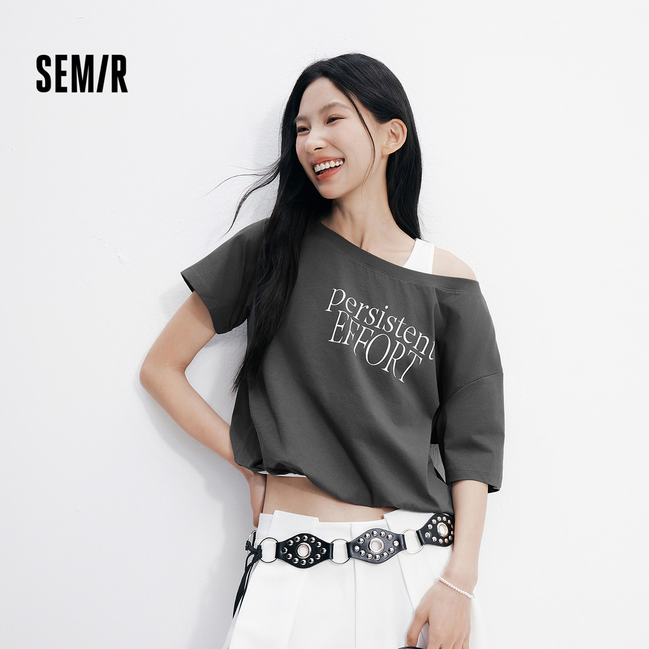 森马短袖T恤女夏短款花苞oversize字母假两件斜肩辣妹设计感