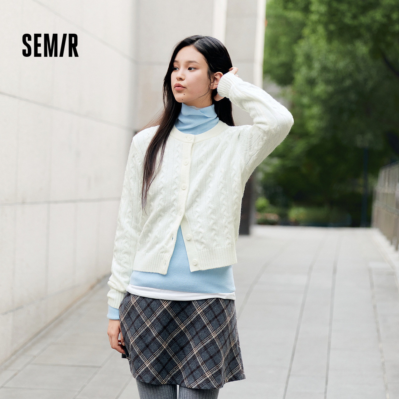 森柔|森马针织开衫女冬季短款绞花肌理圆领毛衫百搭叠穿打底上衣