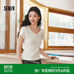 森马V领半开襟正肩短款短袖T恤女