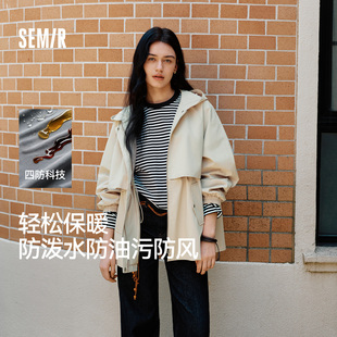 防风连帽衣服宽松简约 防护外套 森马外套女中长款 插肩袖 三防秋季