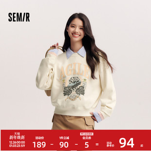 小众复古街头上衣 潮酷时尚 森马卫衣女春季 宽松落肩图案印花套头衫