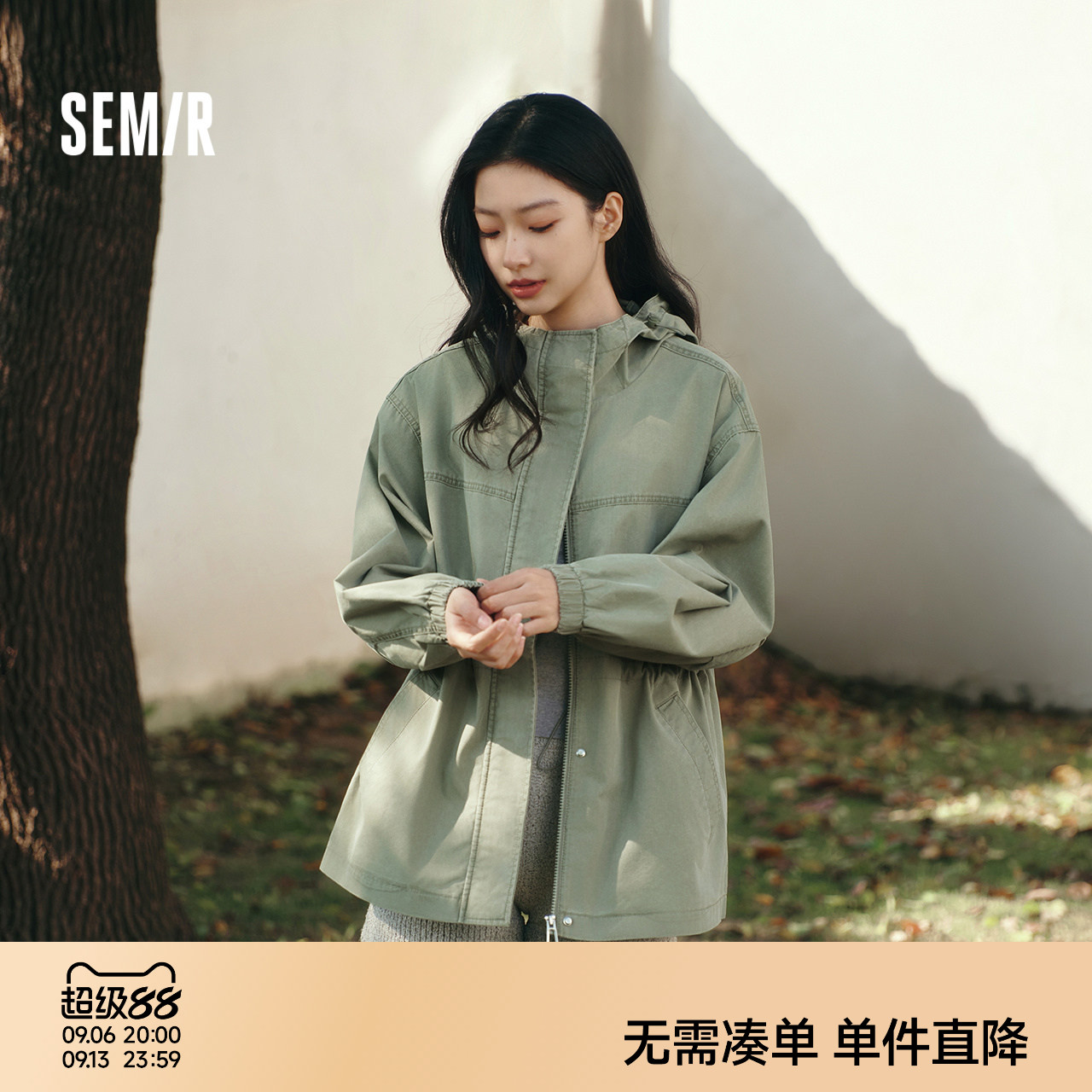 森马收腰宽松中长款牛仔外套女图片