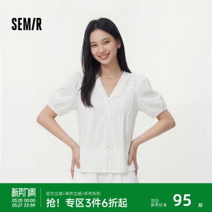 花边V领设计感甜美俏皮衬衣 女夏盐缩肌理白色泡泡袖 森马短袖 衬衫