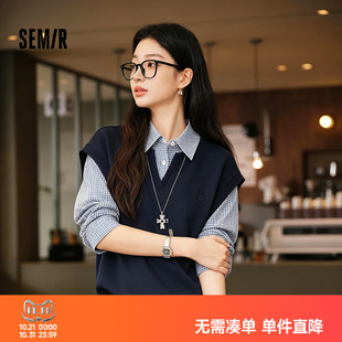 森马长袖衬衫女秋格子衬衣V领抽绳背心宽松复古学院风气质两件套