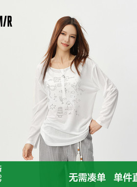 森马长袖T恤女夏中长款oversize印花2026新款慵懒甜美少女感罩衫