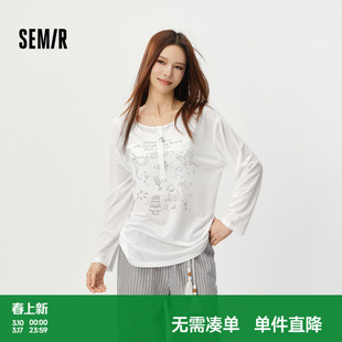 森马长袖T恤女夏中长款oversize印花2026新款慵懒甜美少女感罩衫