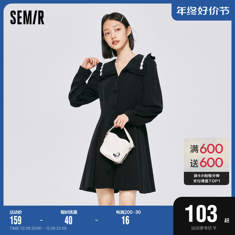 森马连衣裙女大翻领收腰裙子气质2022秋季新款优雅女士小黑裙百搭