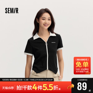 森马POLO衫女短款小个子甜酷风字母时尚秋季气质修身撞色上衣优雅