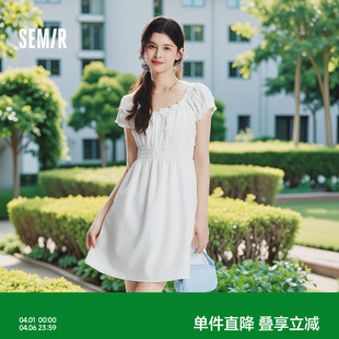 夏俏皮木耳边方领短裙气质 森马连衣裙女收腰蝴蝶结少女感2025新款