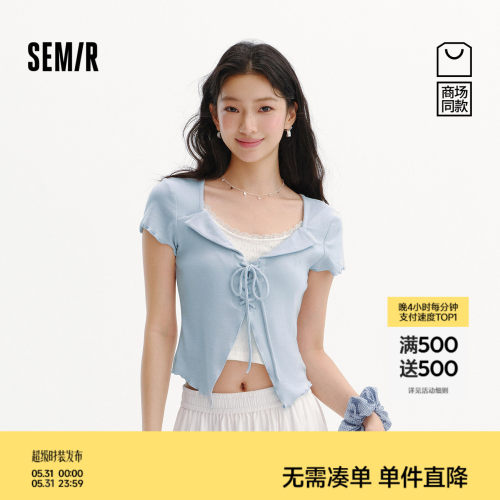 森马绑带假两件短款短袖T恤女