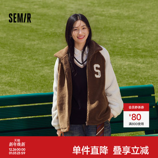 潮 学院风立领宽松字母衣服时尚 森马外套女插肩袖 拼色仿羊羔毛冬季