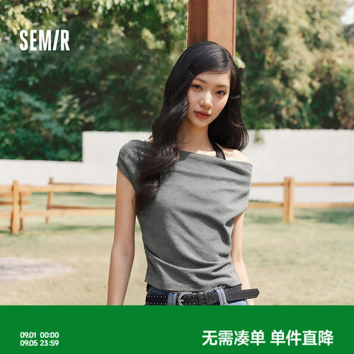 森马荡领挂脖假两件短款T恤女
