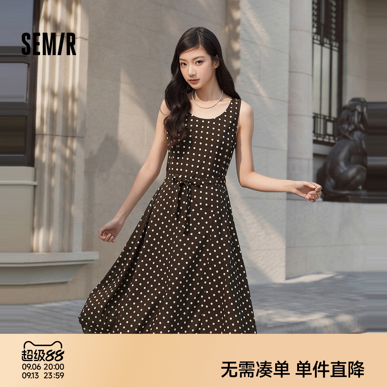 森马连衣裙女夏季无袖雪纺中长裙2026新款时尚气质复古优雅波点裙