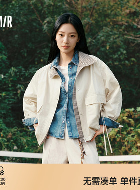 森马外套女春季拼接格子oversize花苞2026新款休闲复古松弛感夹克