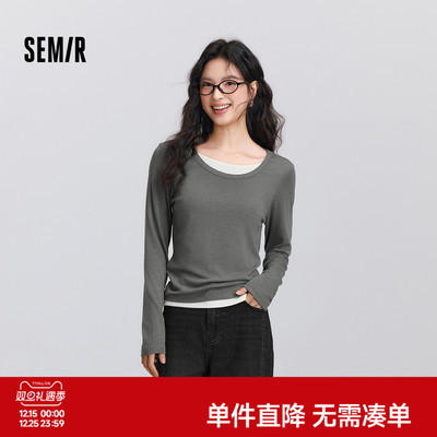 森马圆领正肩假两件长袖T恤女