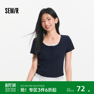 正肩大圆领温柔俏皮甜美上衣 假两件碎花修身 森马短袖 T恤女夏短款