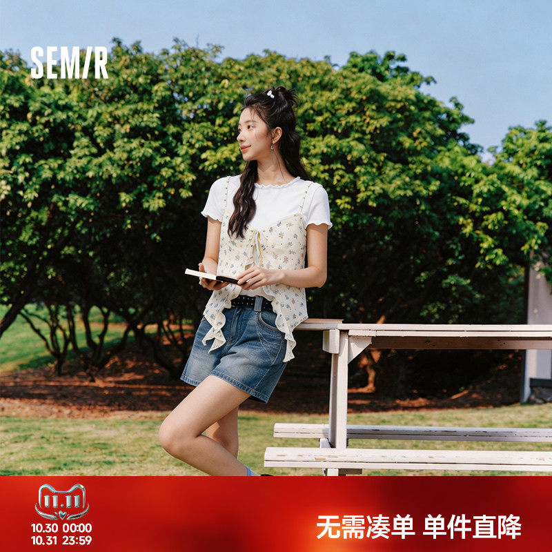 森马短款吊带碎花T恤假两件女