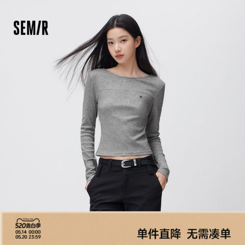 森马一字领修身短款长袖T恤女
