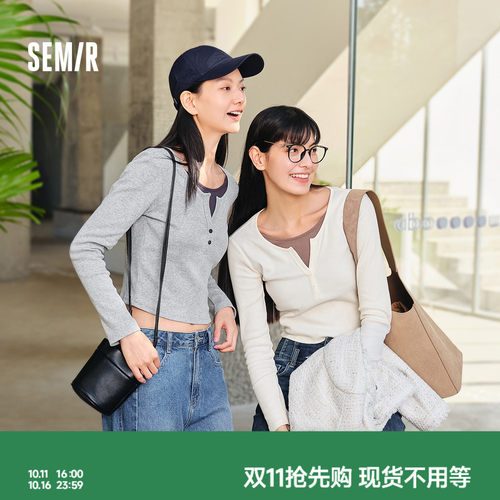 森马假两件正肩短款长袖T恤女