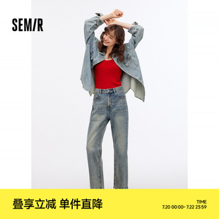 潮流街頭秋季 森馬牛仔褲 女做舊復古風直筒褲 個性 潮酷 顯瘦拼接長褲
